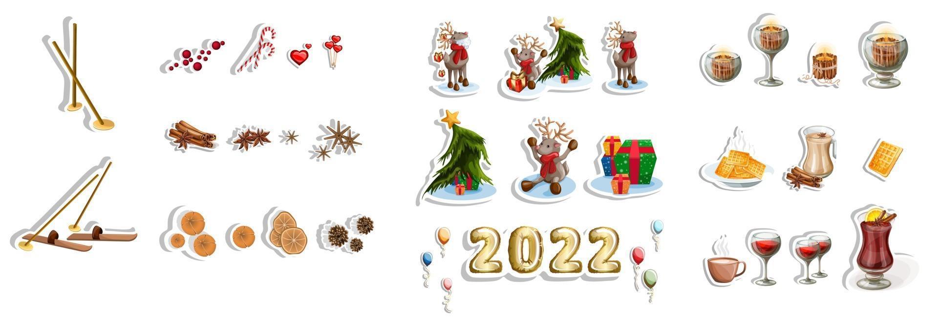 Vector image of a large set of stickers on a winter and Christmas