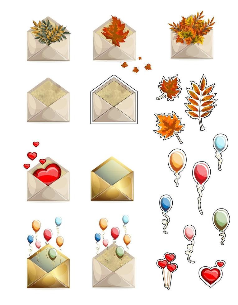 envelopes and objects symbolizing the autumn holiday and stickers vector