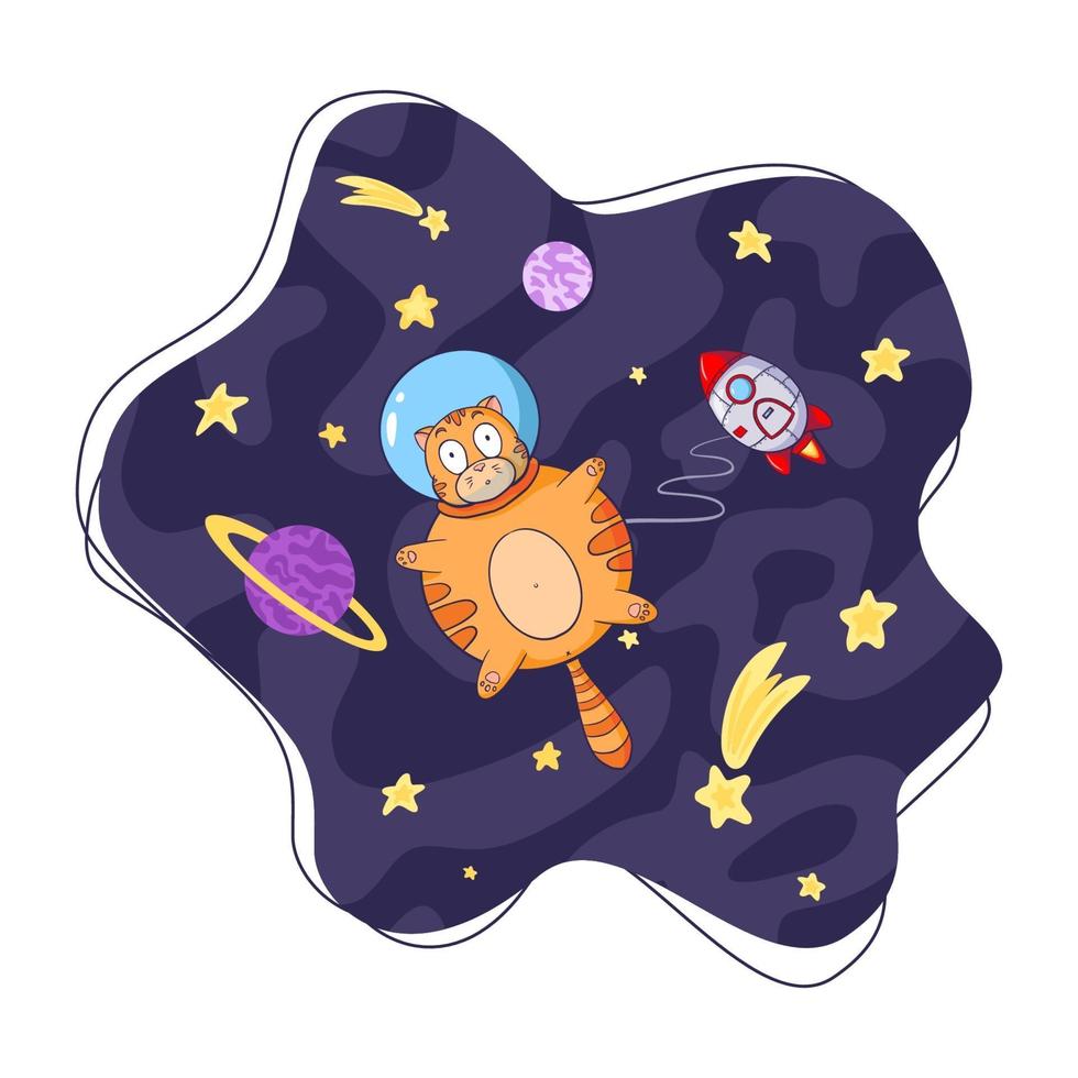 Cat Astronaut Flying with Rocket in Space Cartoon Illustration vector