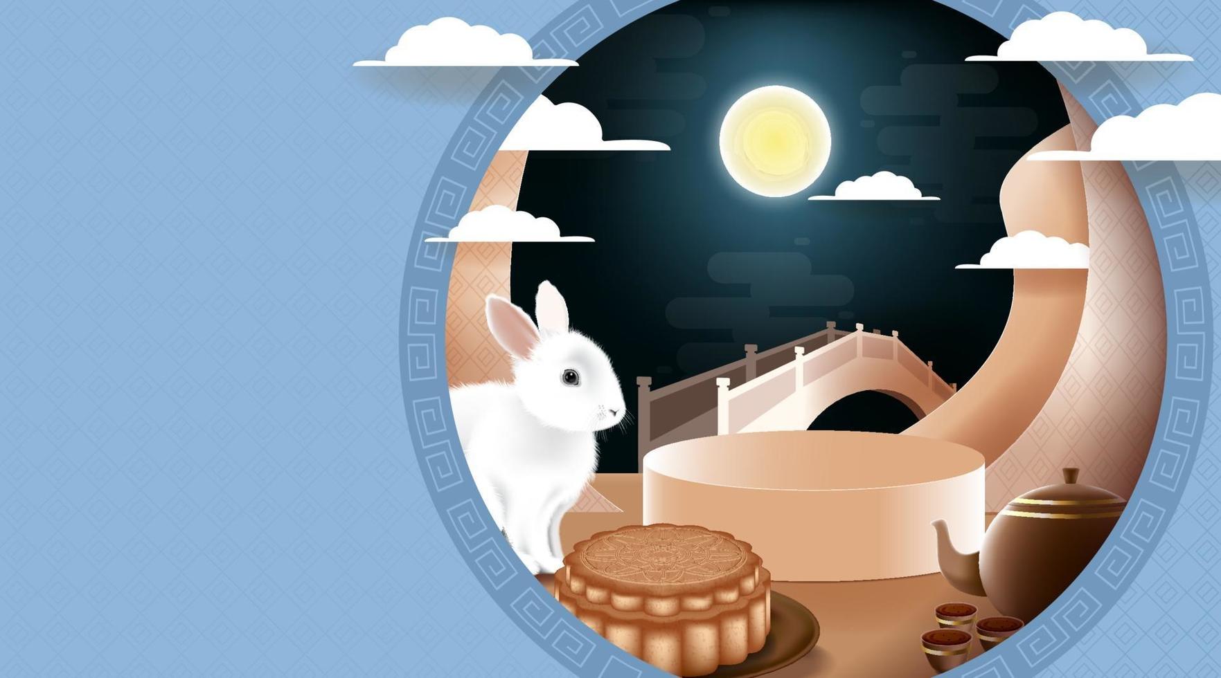 Mid Autumn festival with rabbit and moon, mooncake background. vector