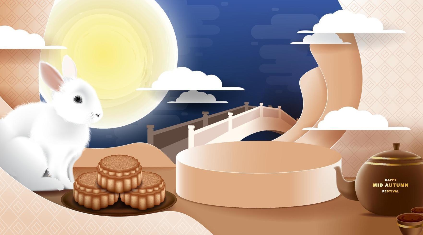 Mid Autumn festival with rabbit and moon, mooncake background. vector