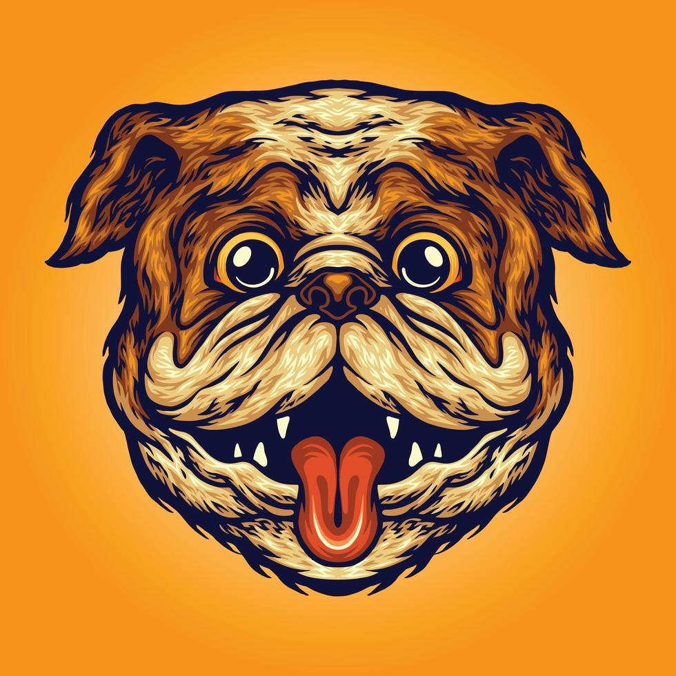 divertido, pug, cabeza, perro, mascota, vector, ilustraciones vector