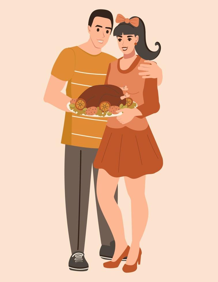 married man and woman holding a cooked turkey for Thanksgiving day vector