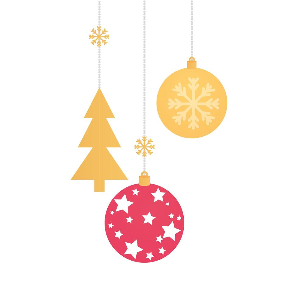 balls with snowflakes and pine tree christmas hanging vector