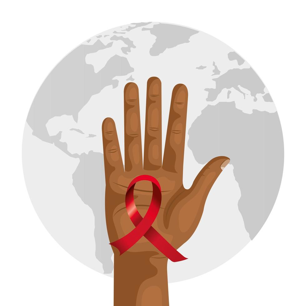 hand with aids day awareness ribbon and planet earth vector