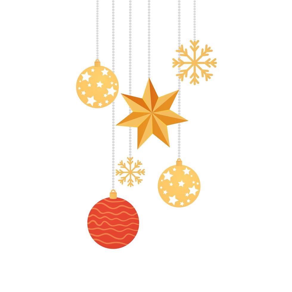 balls christmas with star and snowflakes hanging vector
