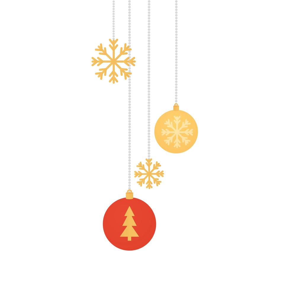 balls of christmas with snowflakes hanging vector