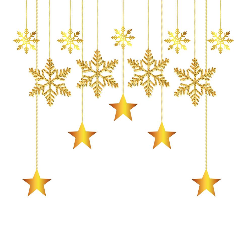 copos de nieve con estrellas doradas de navidad colgando vector