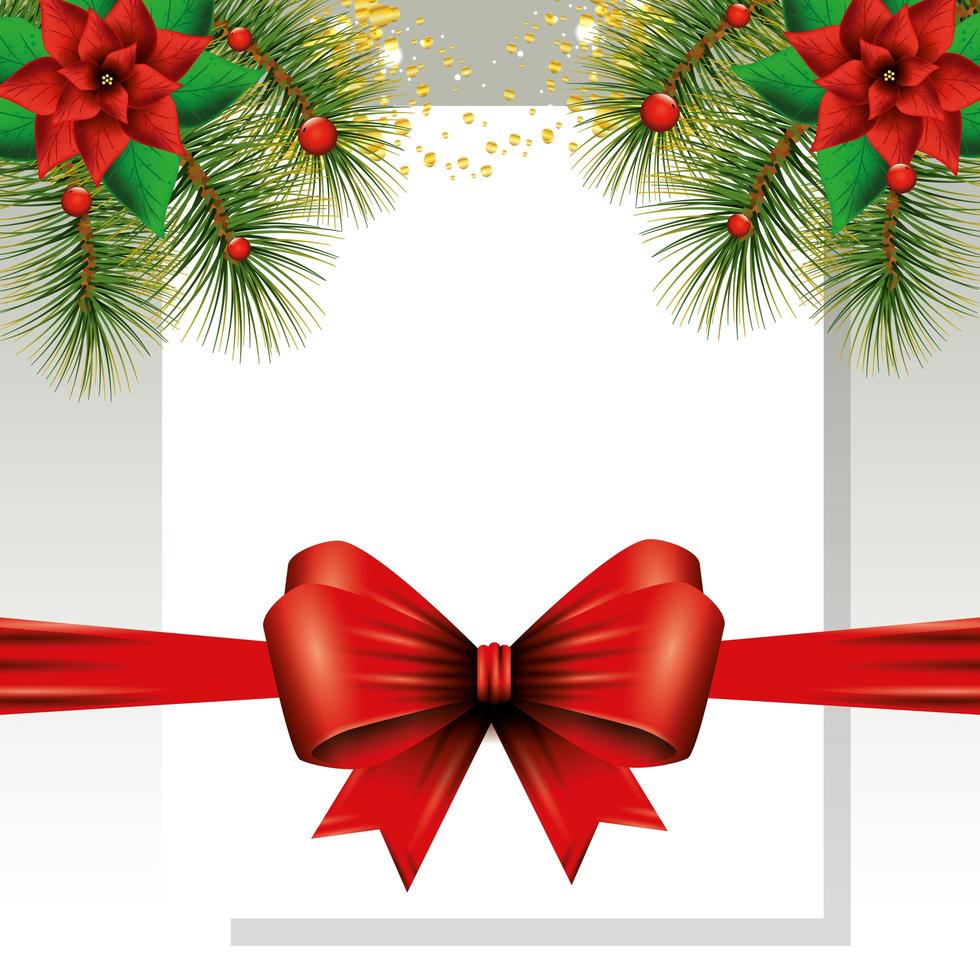 bow ribbon with flowers of christmas and leafs vector