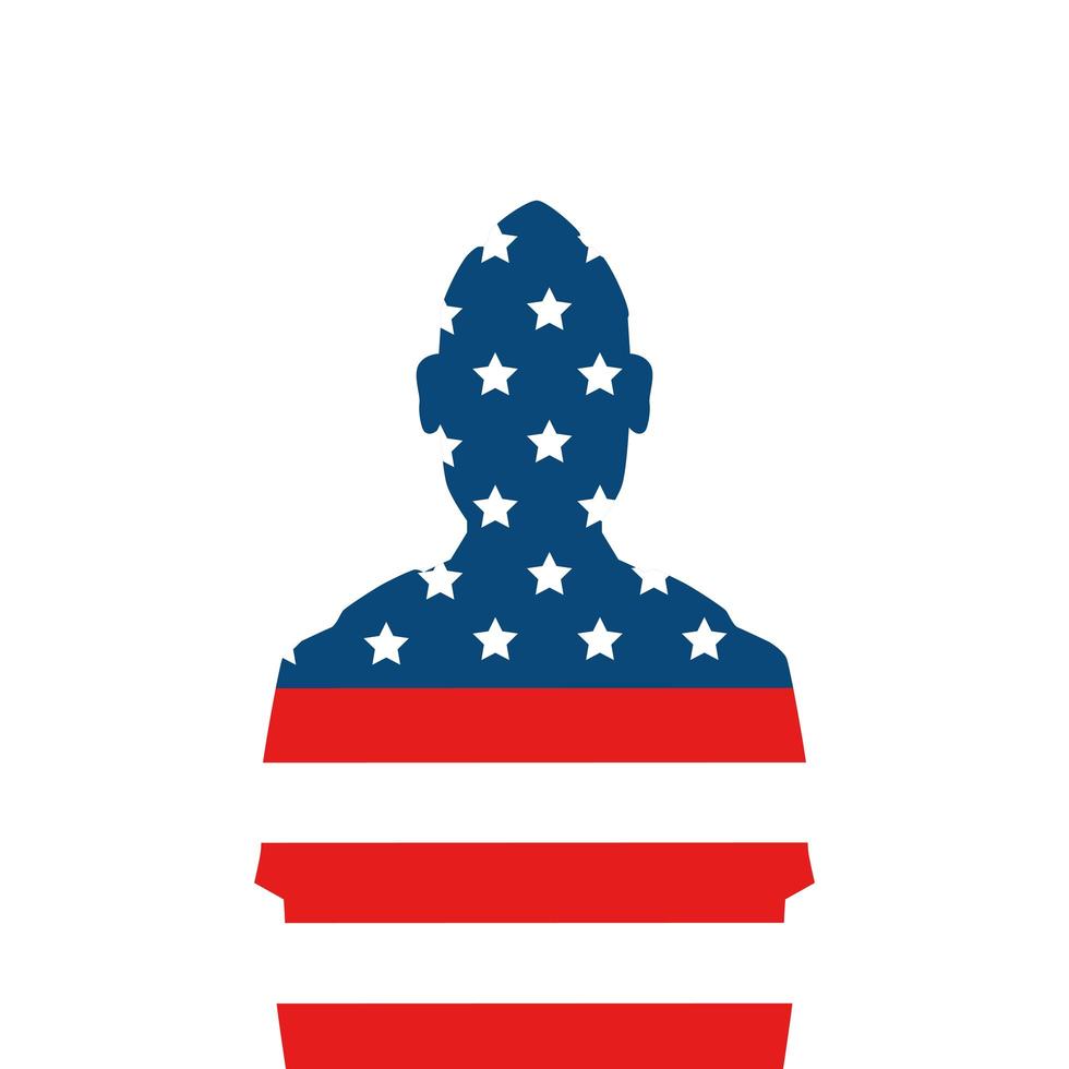 silueta, de, hombre, soldado, con, bandera de estados unidos vector