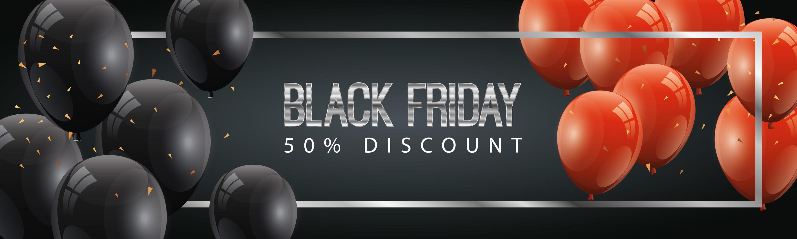 black friday poster and fifty discount with balloons helium decoration vector
