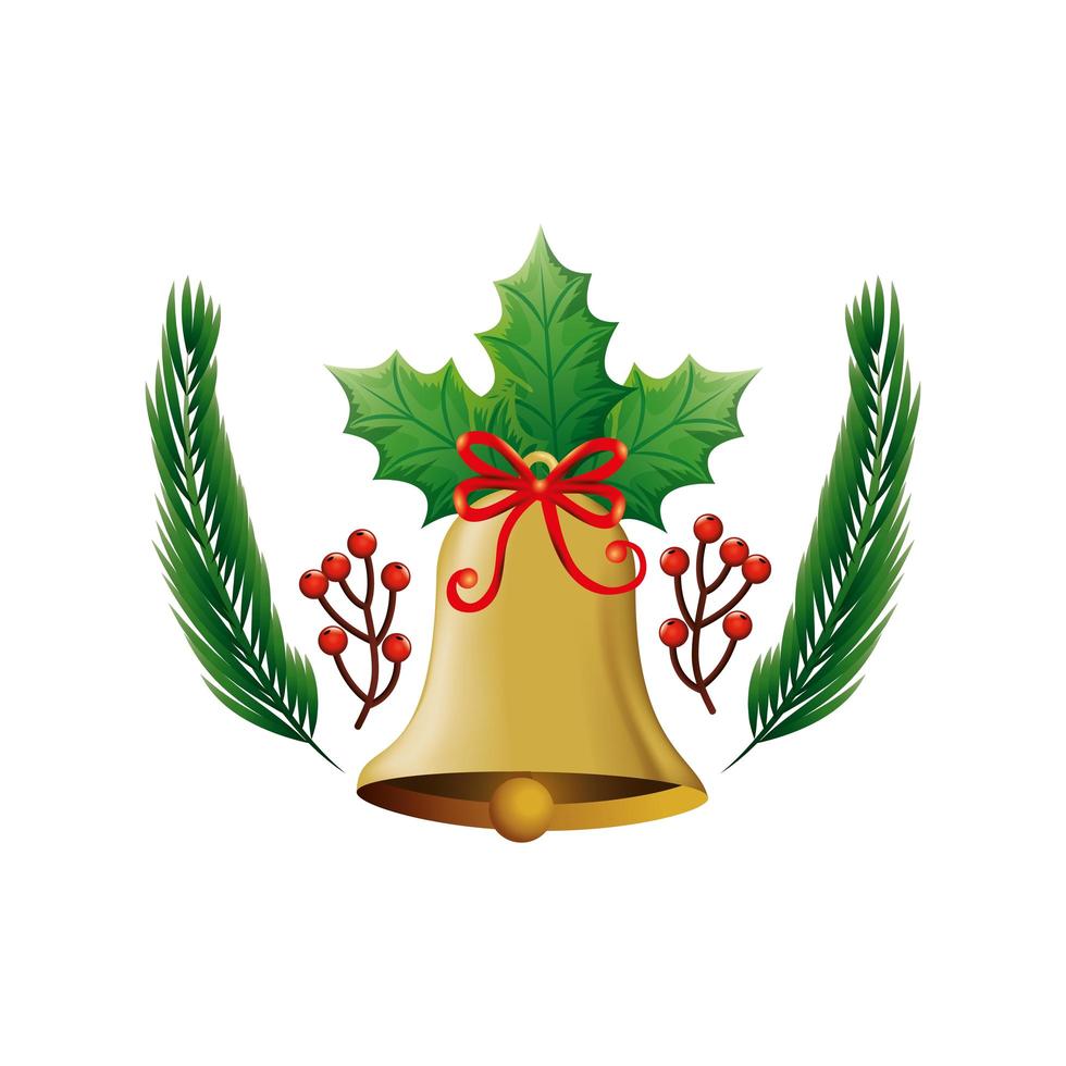 bell christmas decoration with bow ribbon and leafs vector