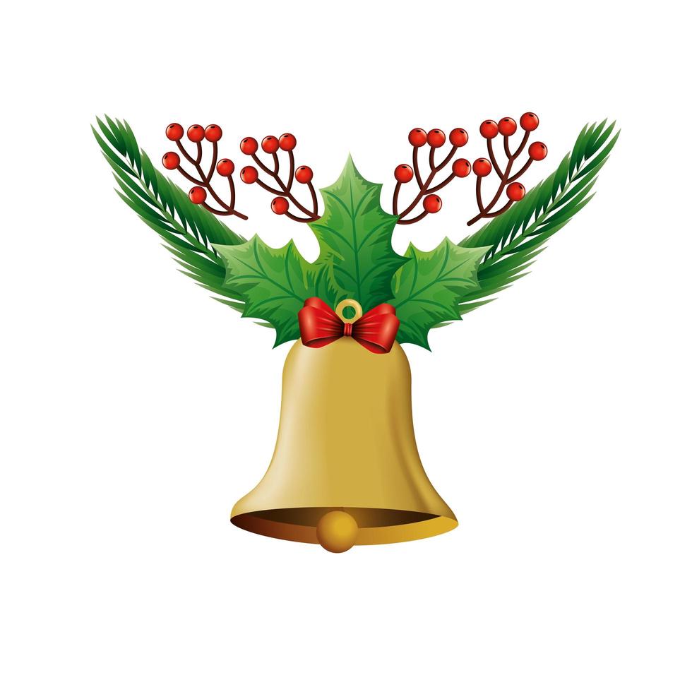 campana de decoración navideña con cinta de lazo y hojas vector