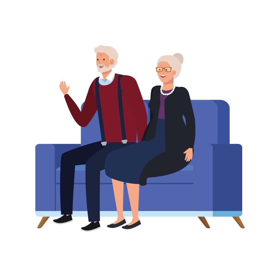 old couple seated in sofa avatar character vector