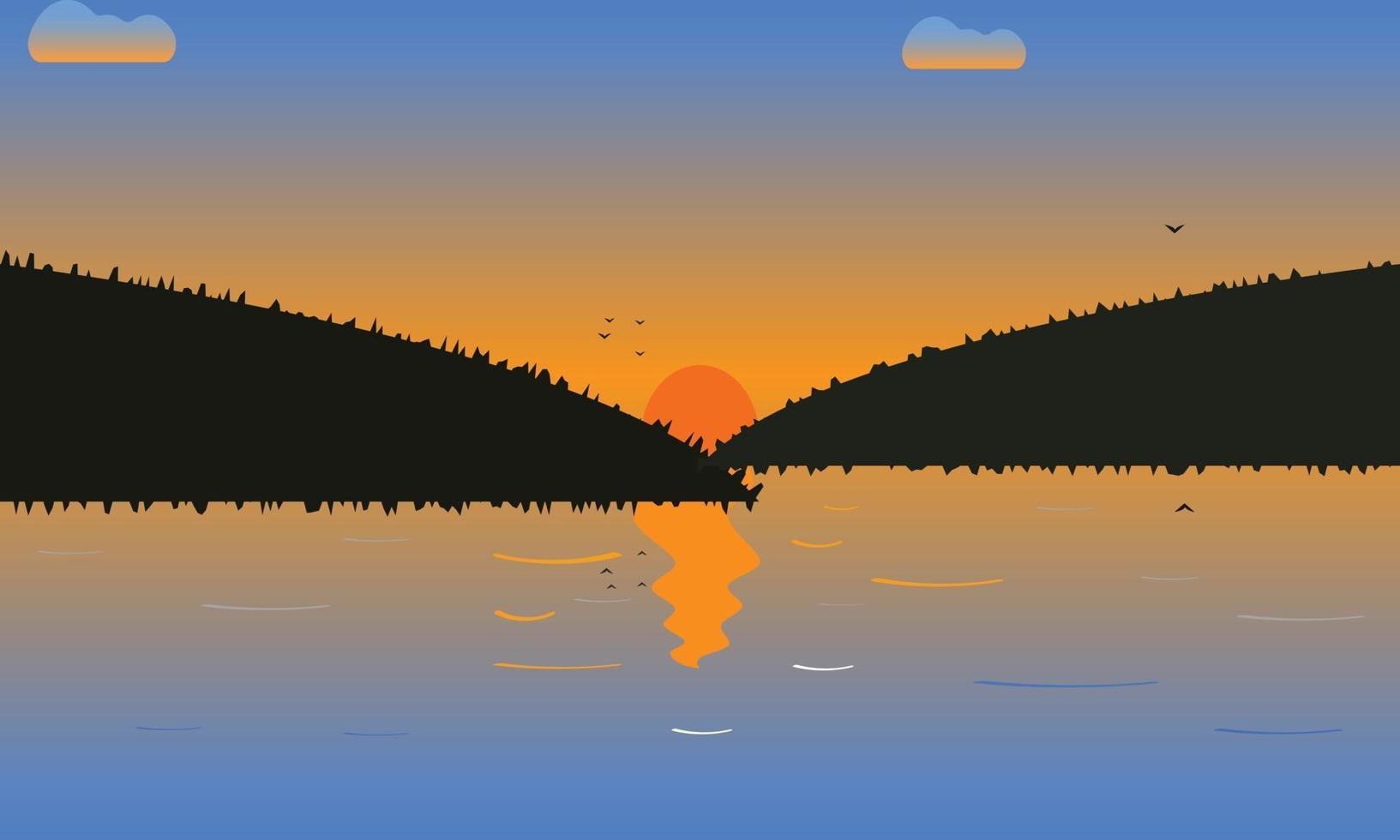 puesta de sol sobre el paisaje del lago vector