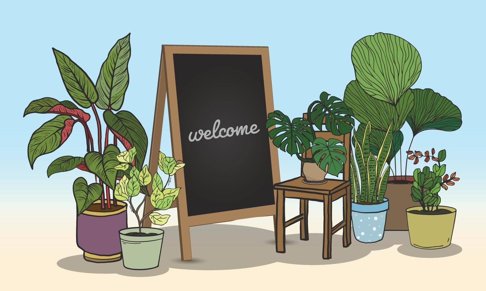 Plantas en macetas con pizarra para escribir mensajes. vector