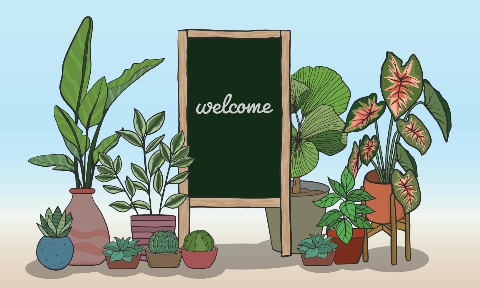 Plantas en macetas con tablero negro para escribir mensajes. vector