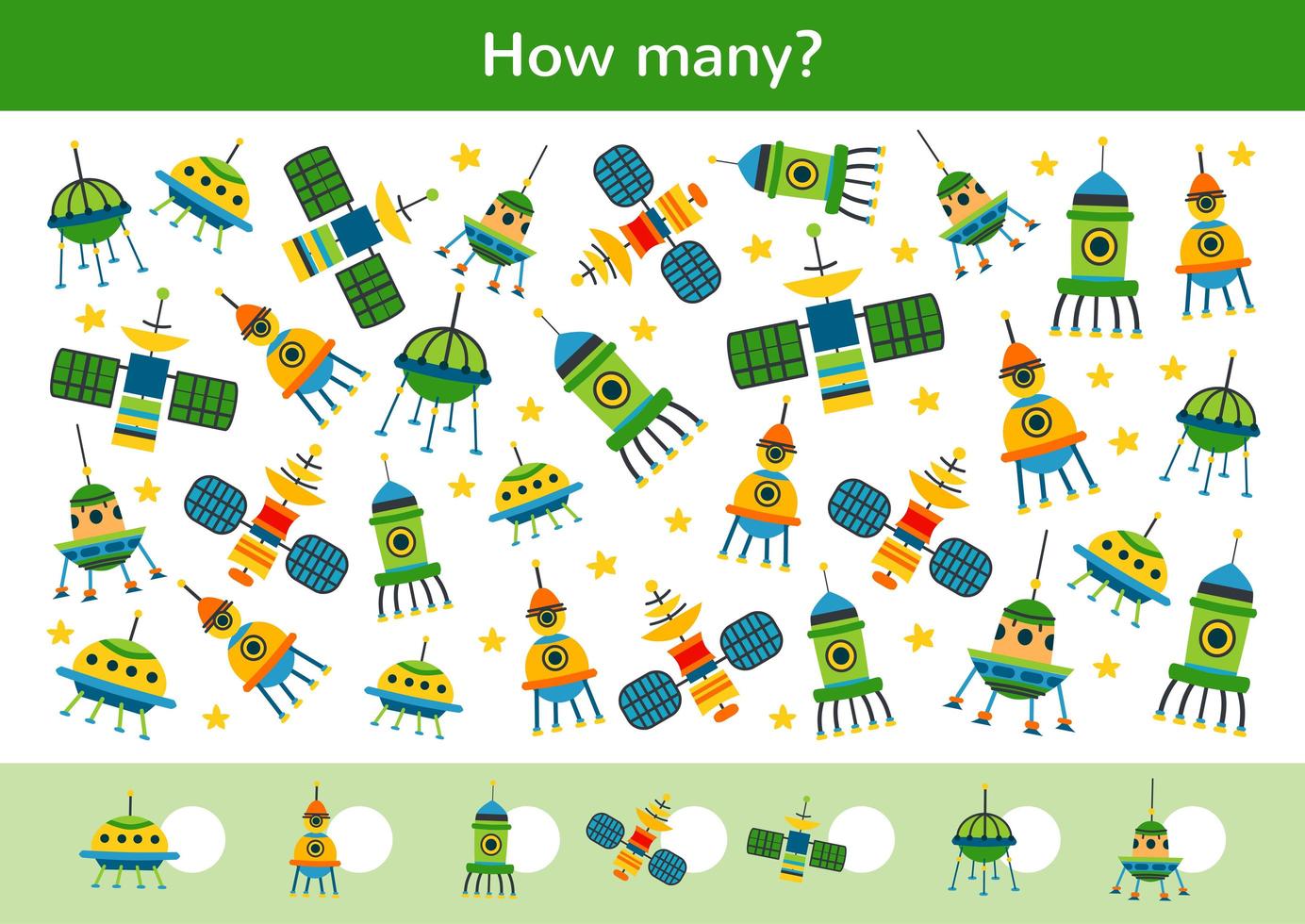 Counting children game of a cartoon spaceships. vector
