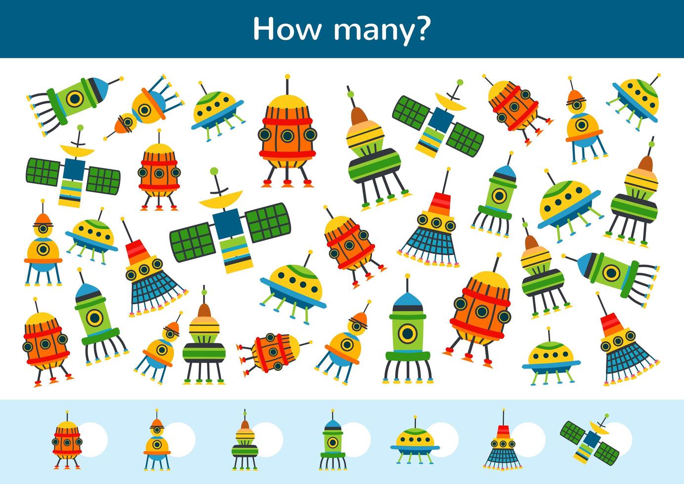 Counting children game of a cartoon satellites. vector