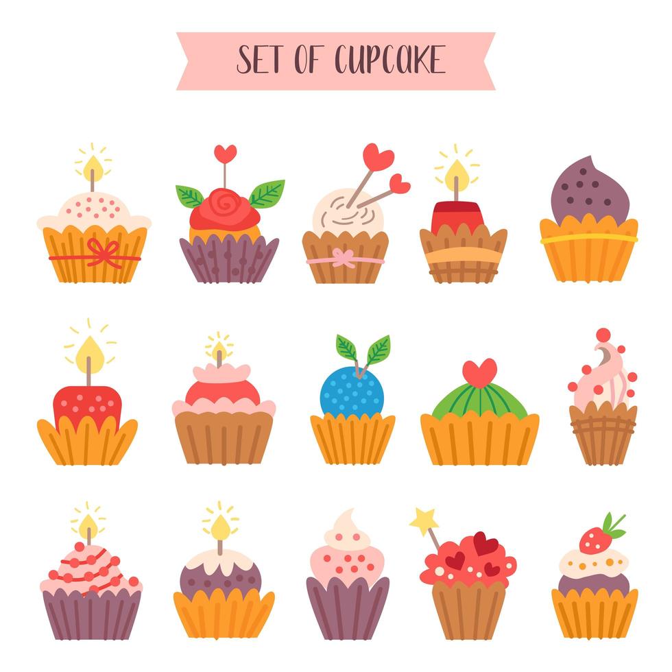 colección de estilo de dibujos animados de cupcakes dulces. vector