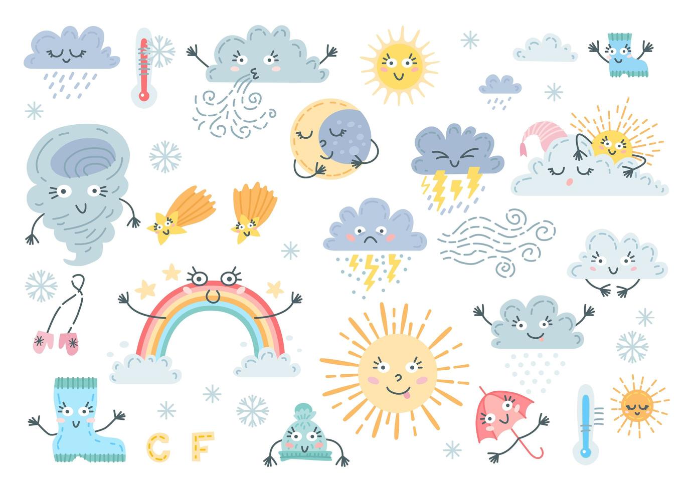 Cute weather set. A forecast meteorology symbols vector