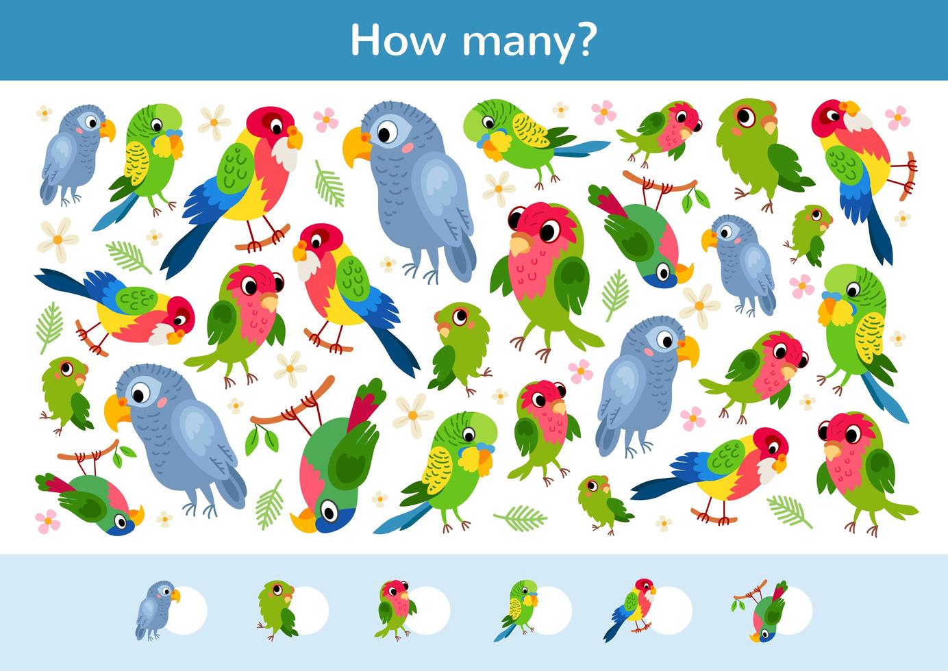 Counting children game of a tropical parrots. vector