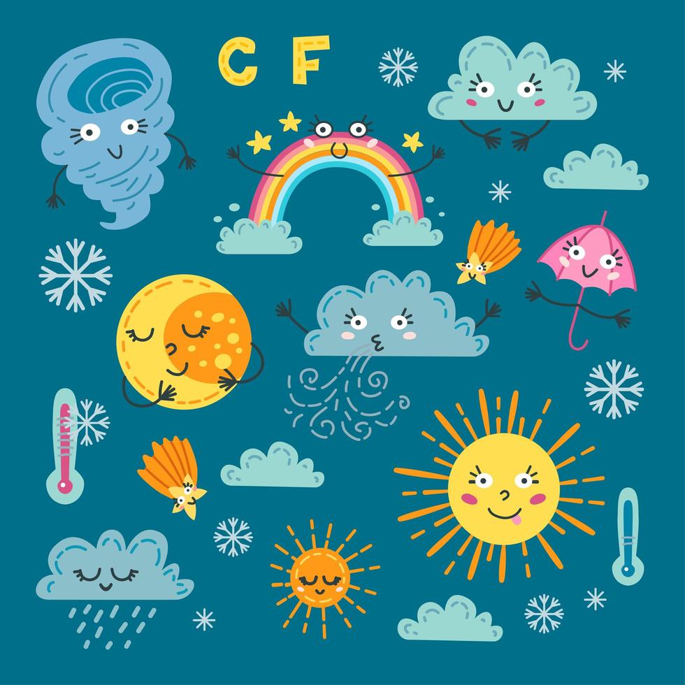 Cute weather set. A forecast meteorology symbols vector