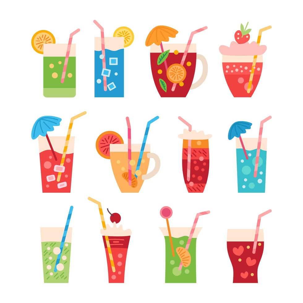 conjunto de dibujos animados de coloridas bebidas de fiesta de verano vector