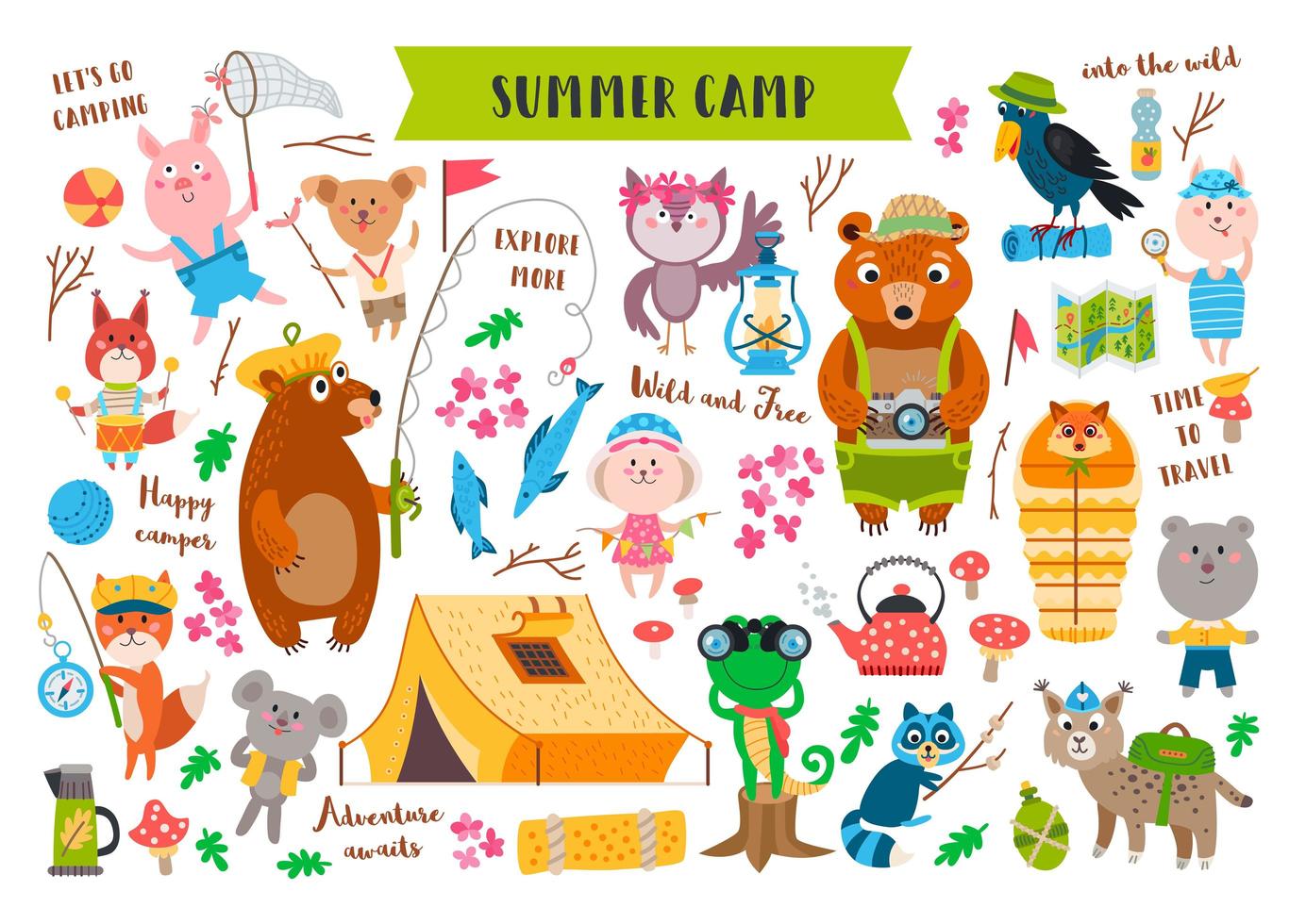 conjunto de animales de camping en el bosque. vector