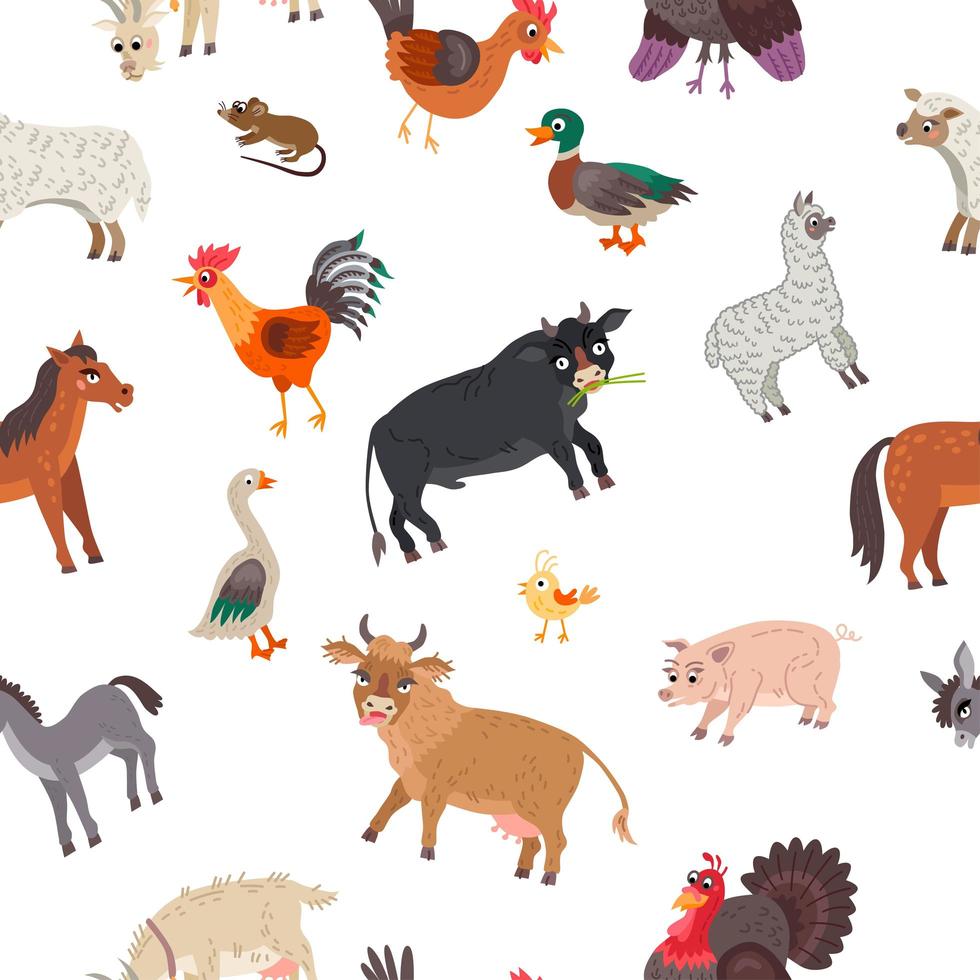 animales de granja de patrones sin fisuras en estilo plano vector