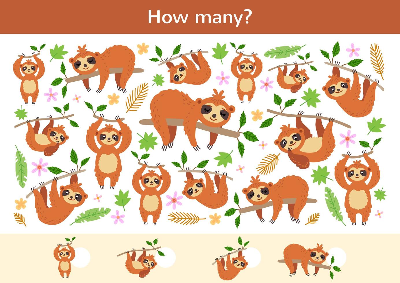 Counting children game of a cartoon sloths. vector