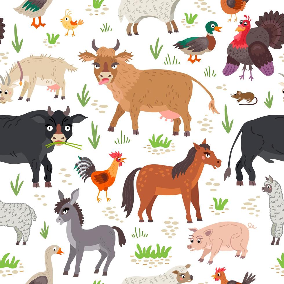 animales de granja de patrones sin fisuras en estilo plano vector