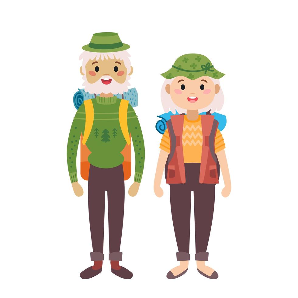 abuelo y abuela con una mochila de campamento vector