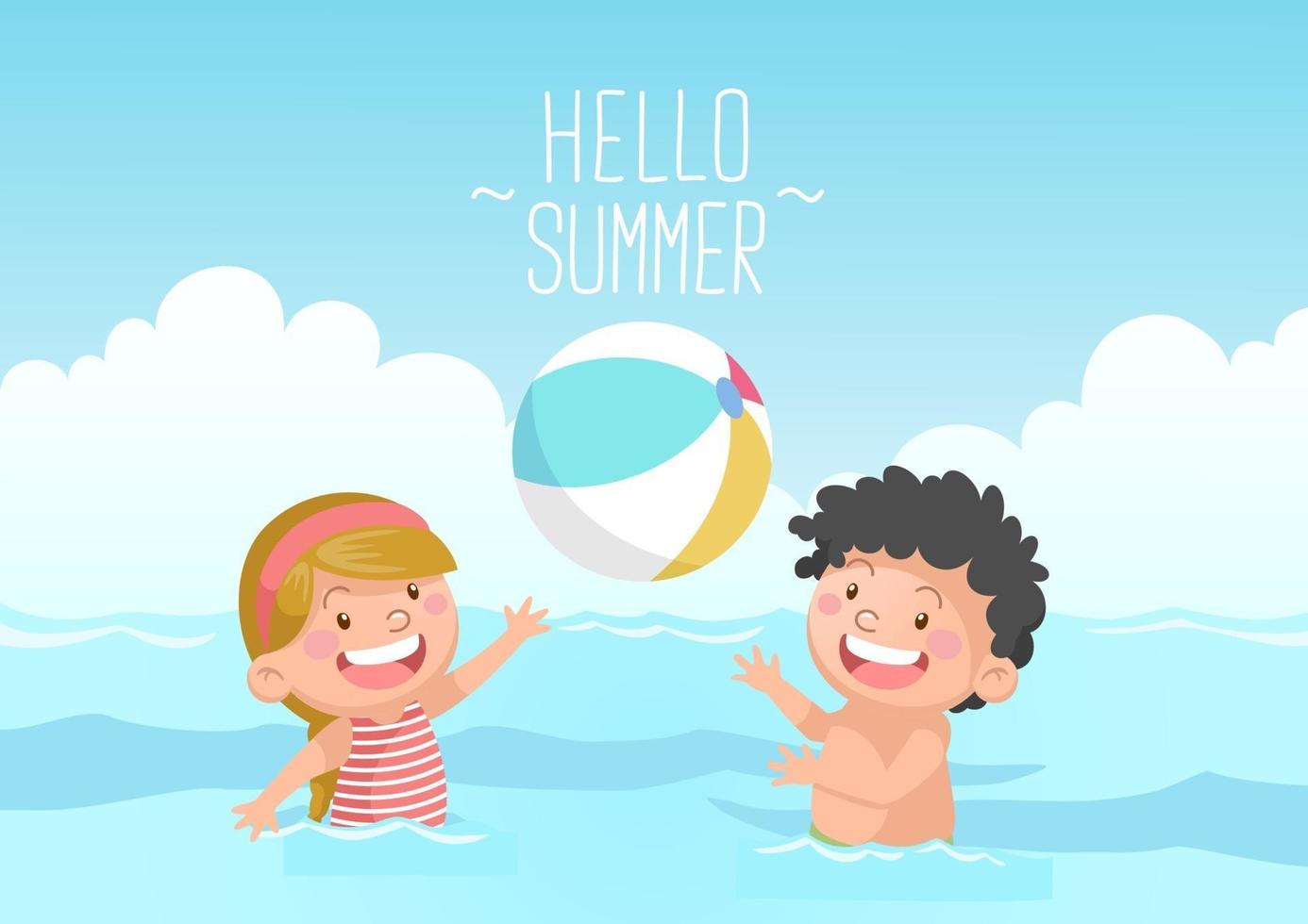 niños lindos jugando pelota de playa hola verano vector