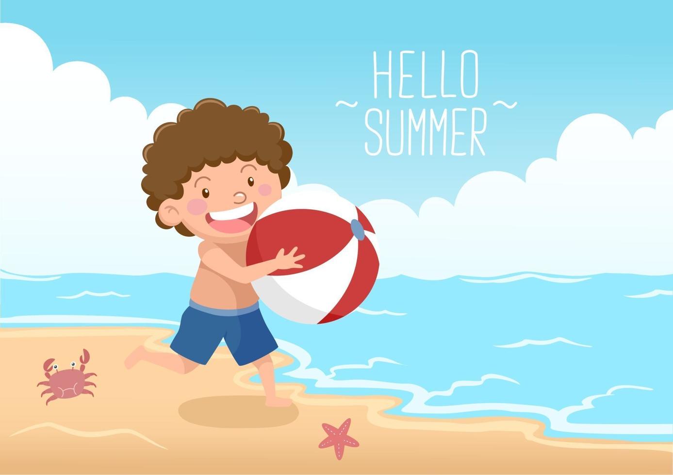 chico lindo con pelota de playa en la playa hola verano vector