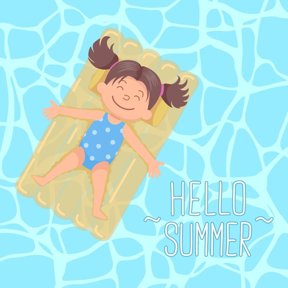 Cute Pig Tail Hair Girl Laying On Floating Bed Hello Summer vector