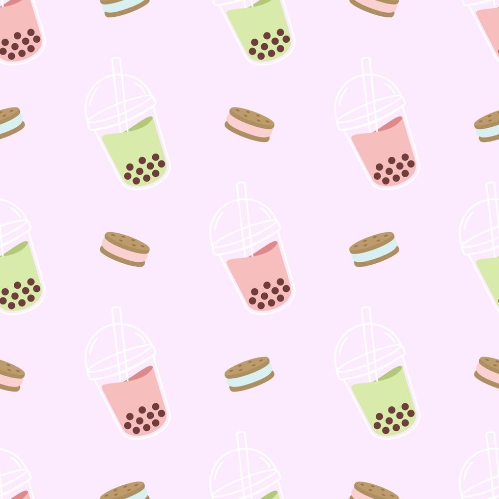 Cute Boba Drink And Biscuits Cookies Seamless Pattern vector