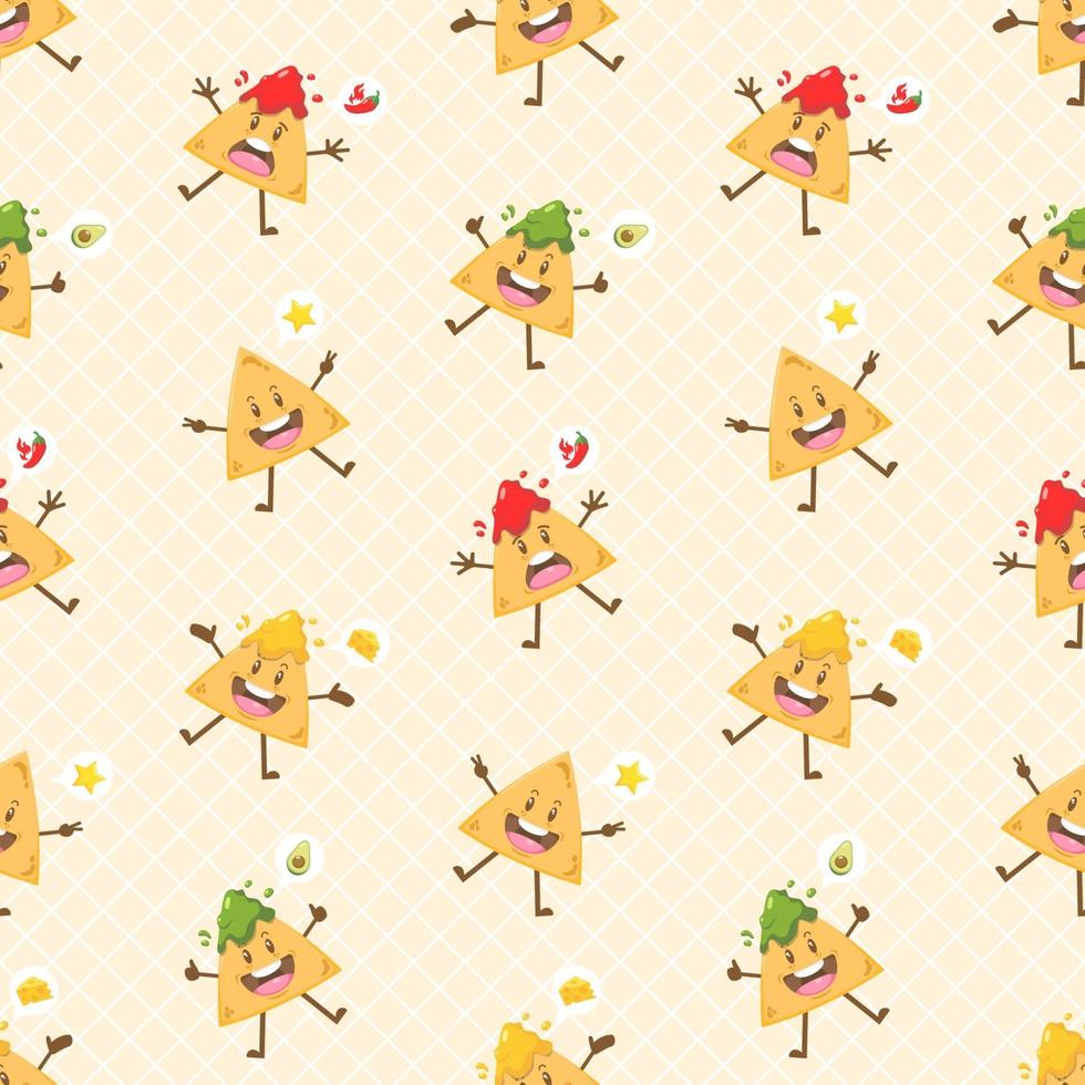 lindo, kawaii, nachos, carácter, seamless, patrón vector