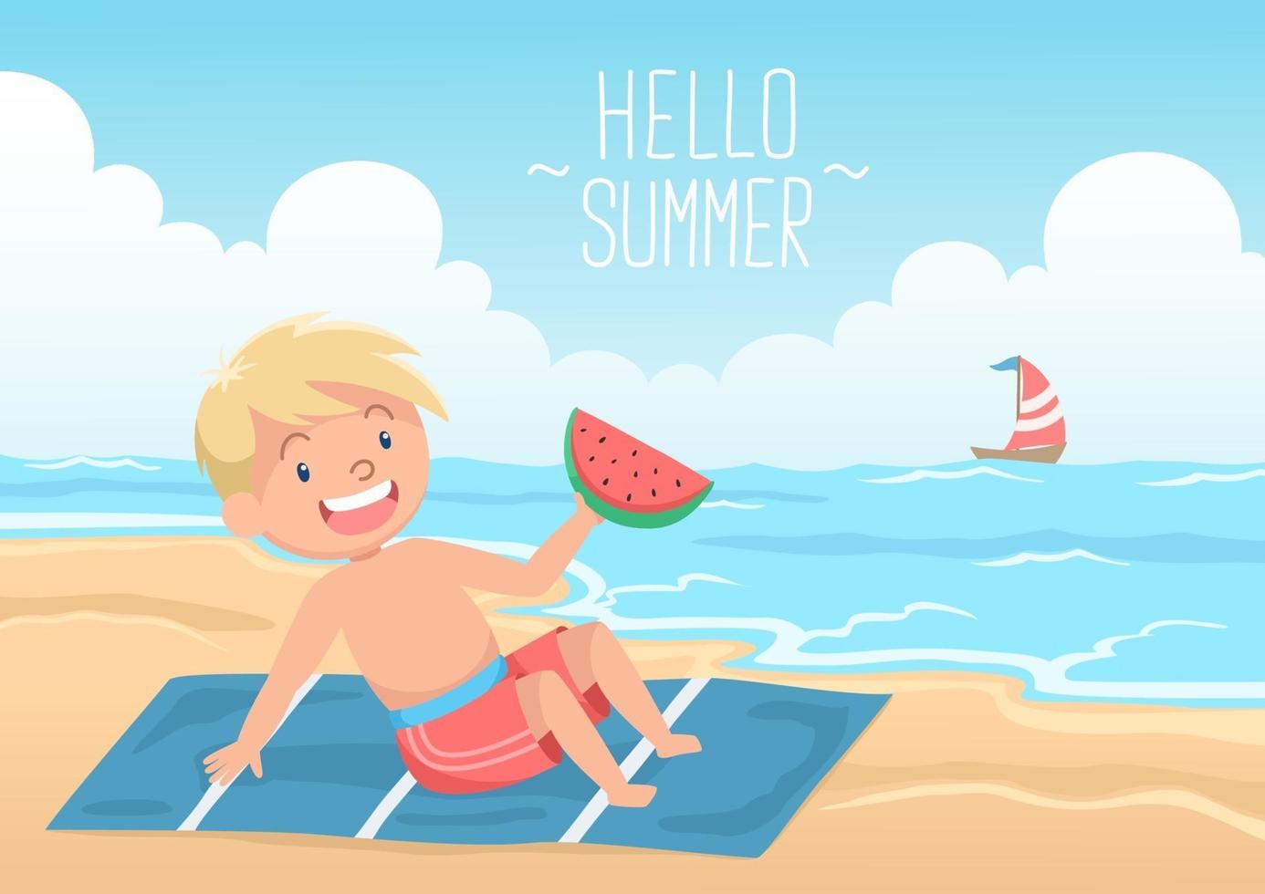 Cute Blonde Kid Laying On The Beach With Watermelon Hello Summer vector