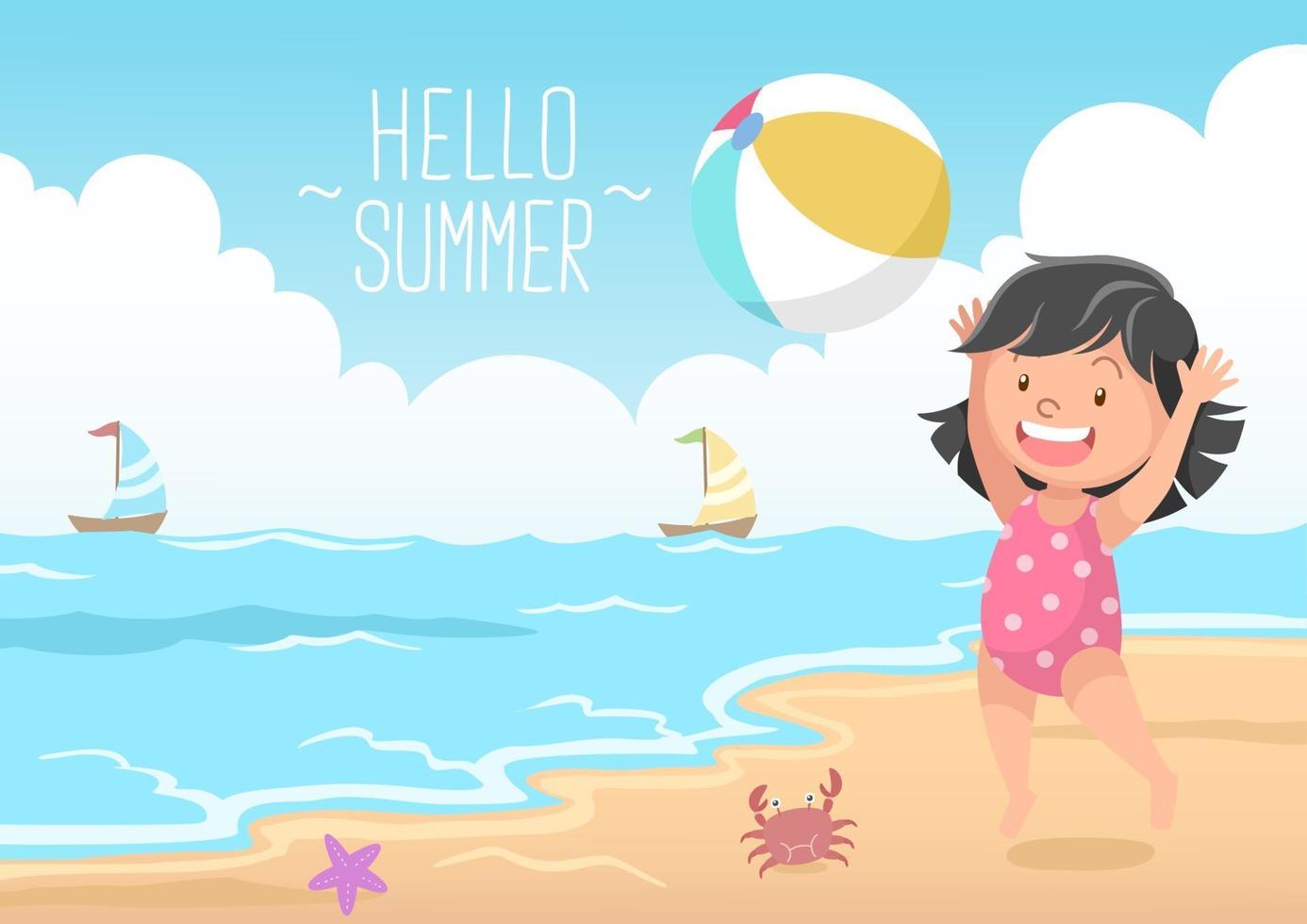 Cute Girl Playing Beach Ball Hello Summer vector