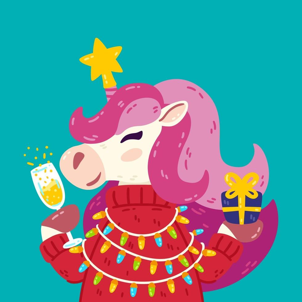 feliz navidad y próspero año nuevo unicornio. vector