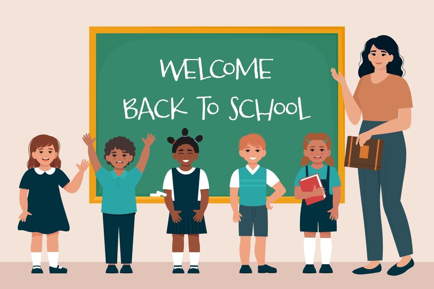 Teacher and schoolchildren in uniform at the blackboard.Back to School vector