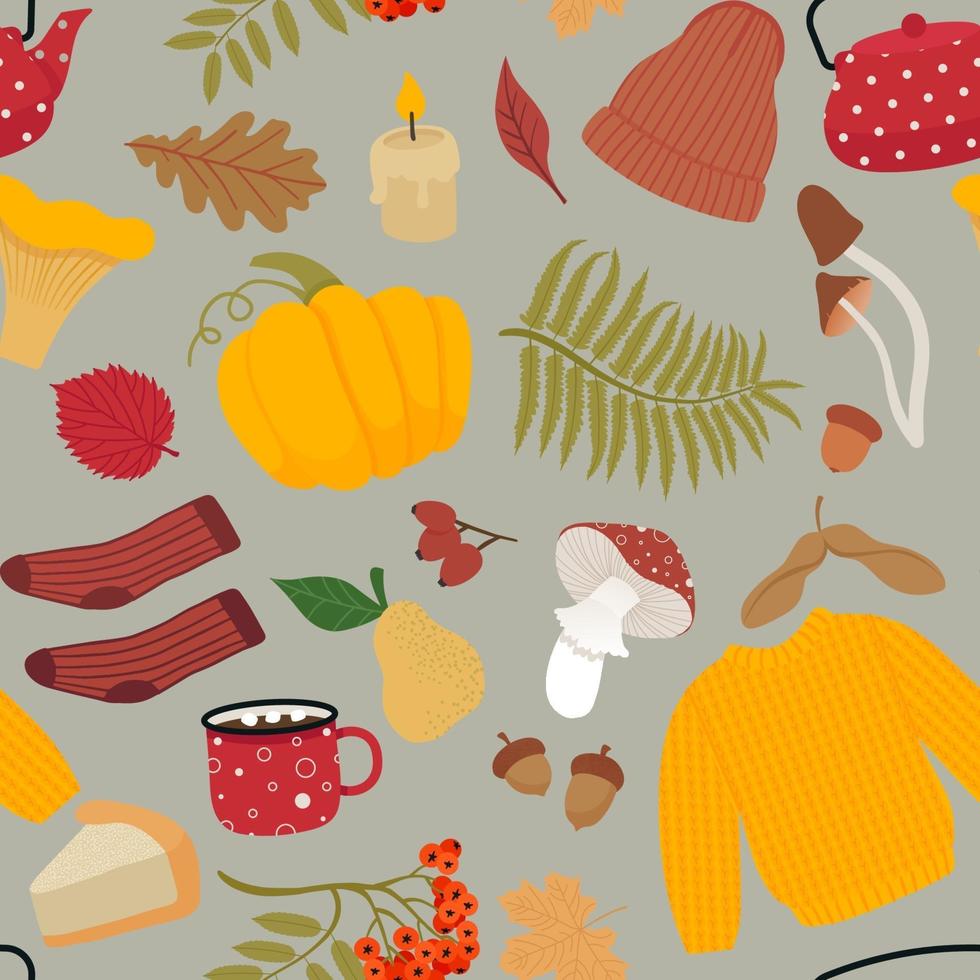 Autumn seamless pattern with different elements vector