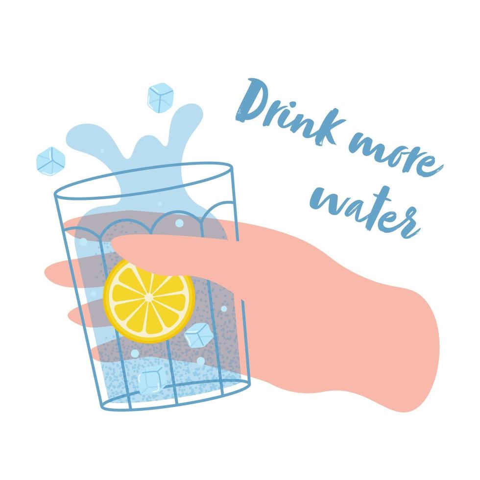 mano sostiene un vaso con agua, hielo y limón. beber más agua concepto vector