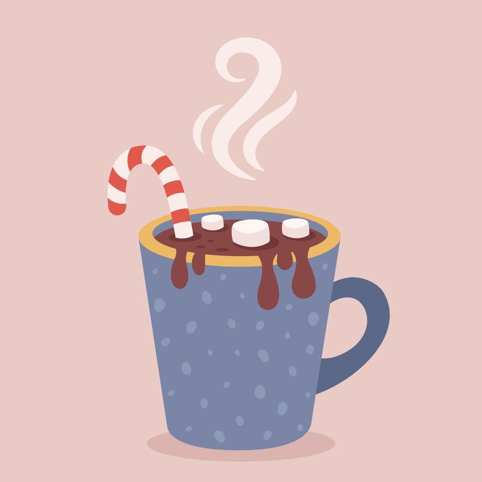 Christmas hot drink with candy cane and marshmallow. Merry Christmas vector