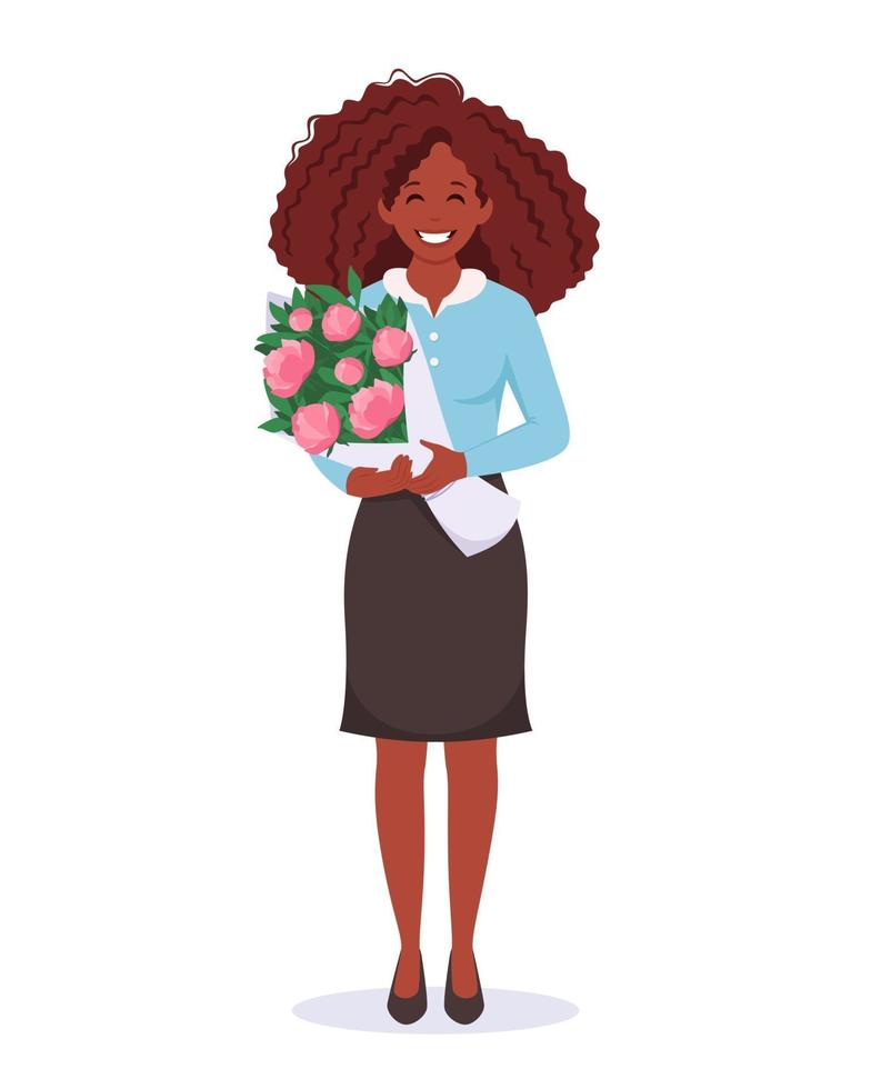 Black woman with bouquet. Congratulations on Mothers Day, Teachers Day vector