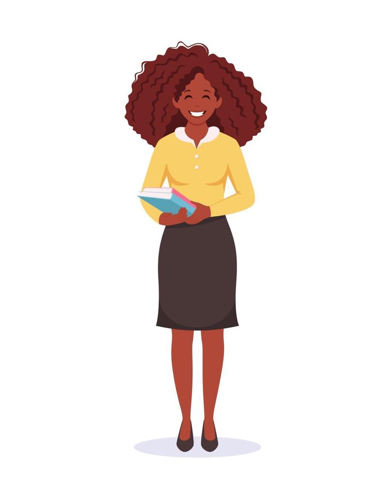 Black woman with books. Female teacher. Teachers day, back to school vector