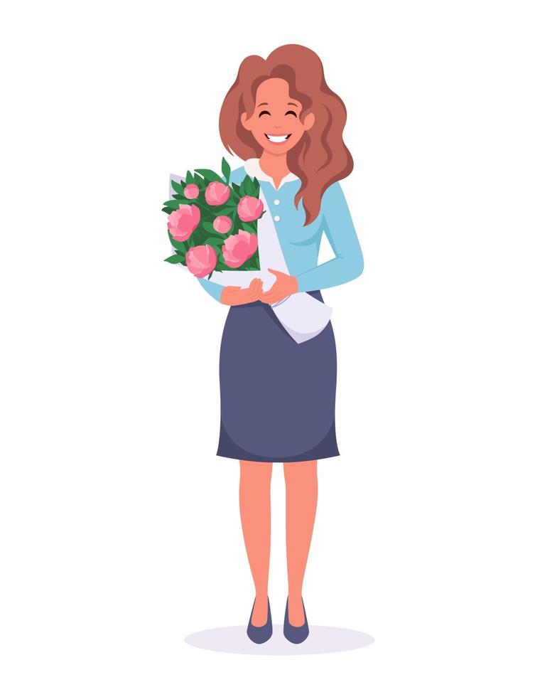 Woman with bouquet. Congratulations on Mother's Day, Teacher's Day vector