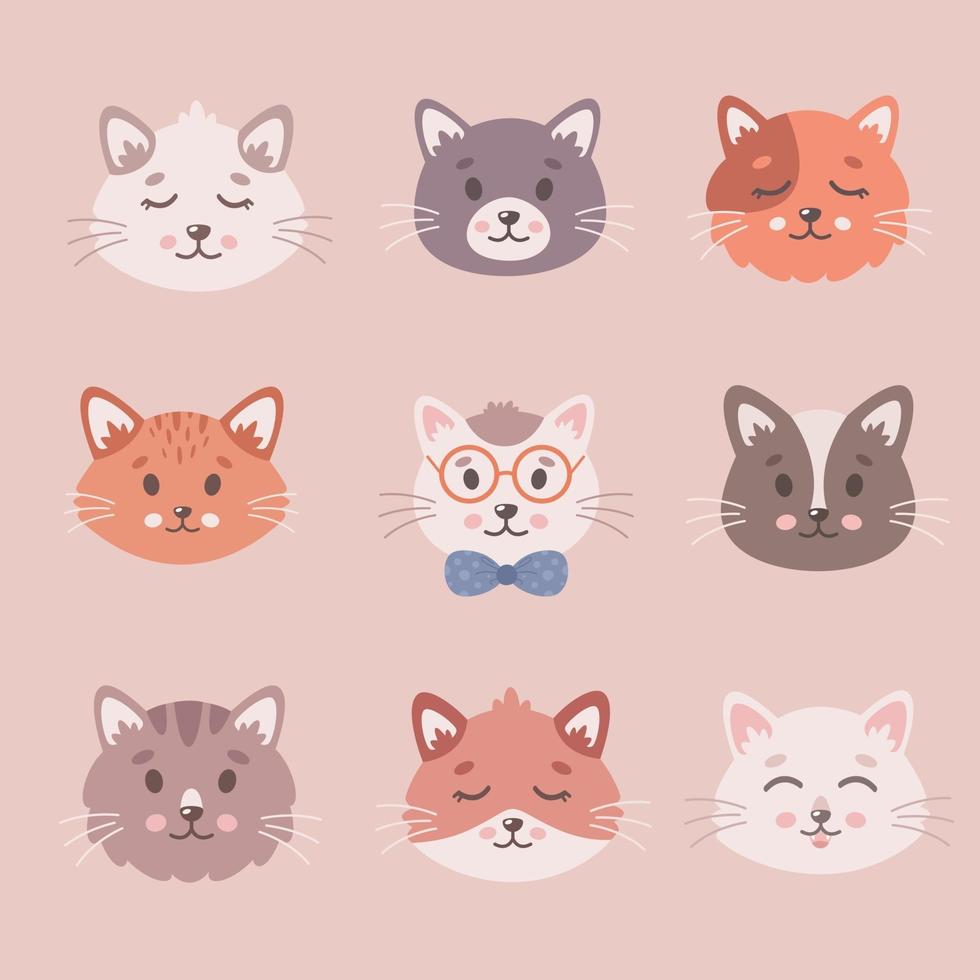 linda colección de gatos. caras de gatos, mascotas, gatitos, animales lindos. vector