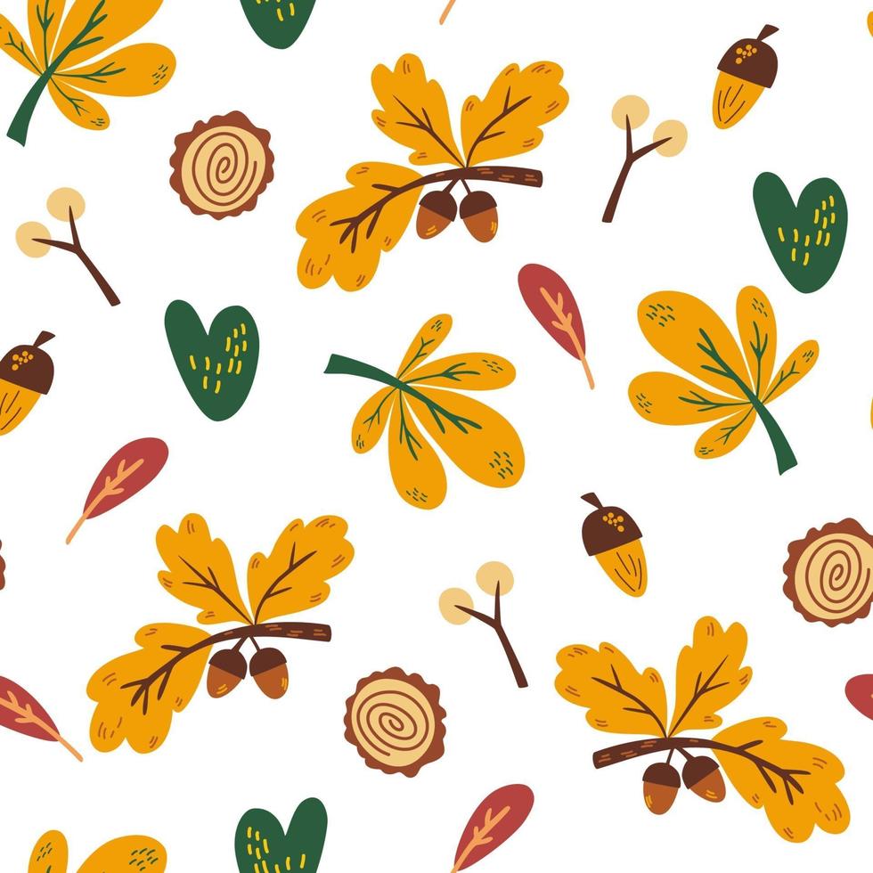 Autumn seamless pattern. Acorns, leaves, twigs and berries. vector